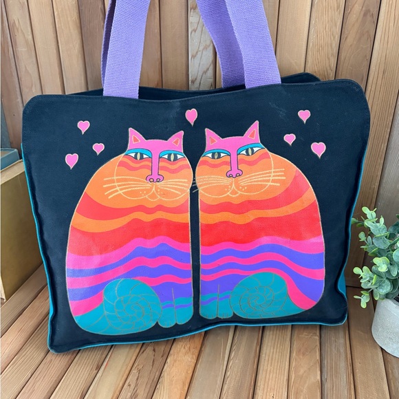 Laurel Burch Handbags - Laurel Burch Colorful Cat Canvas Tote Bag Large Folk Art Cats Like New